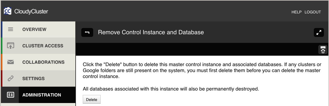 Confirm Control Instance Delete option from Administration Menu popup screen