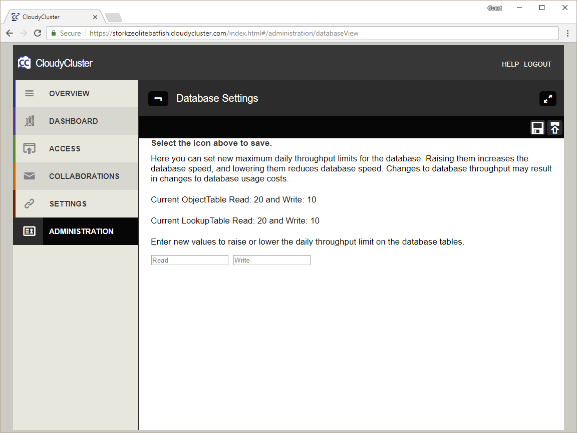CloudyCluster Database Screen