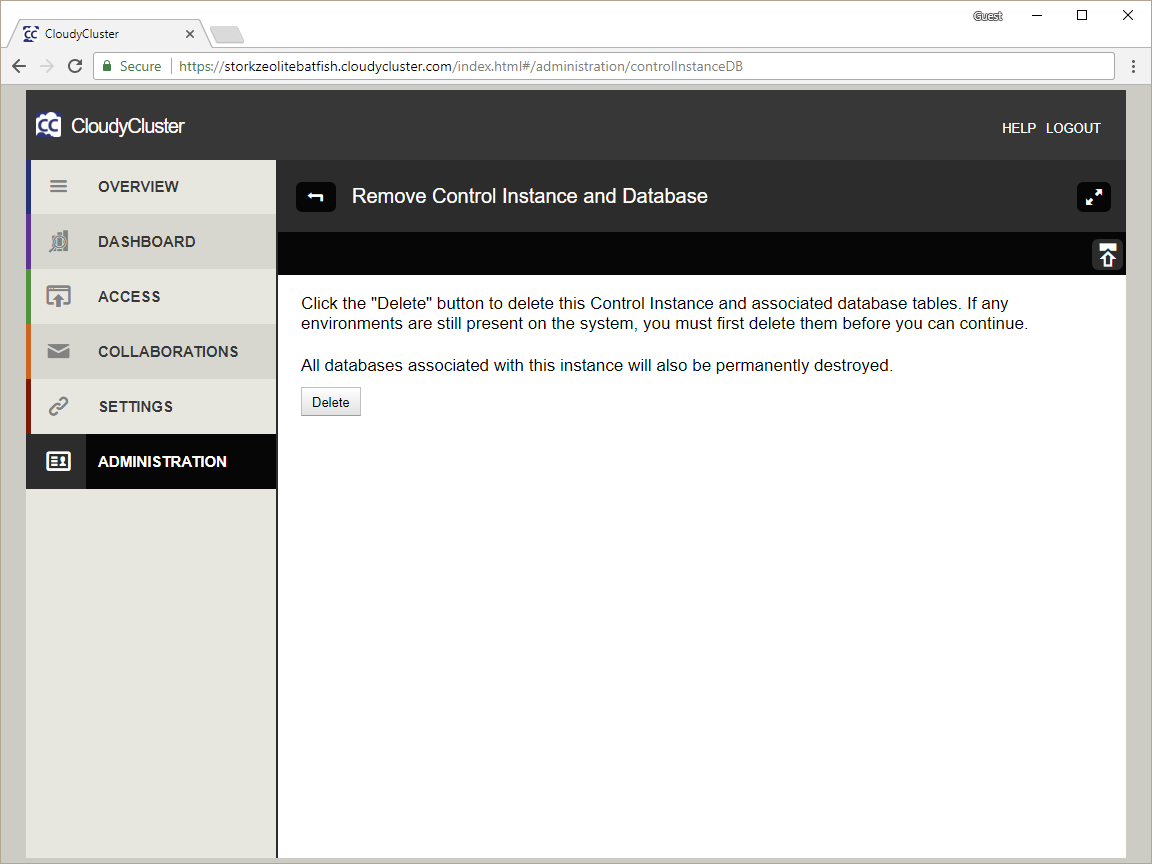 CloudyCluster Delete Control Instance Screen