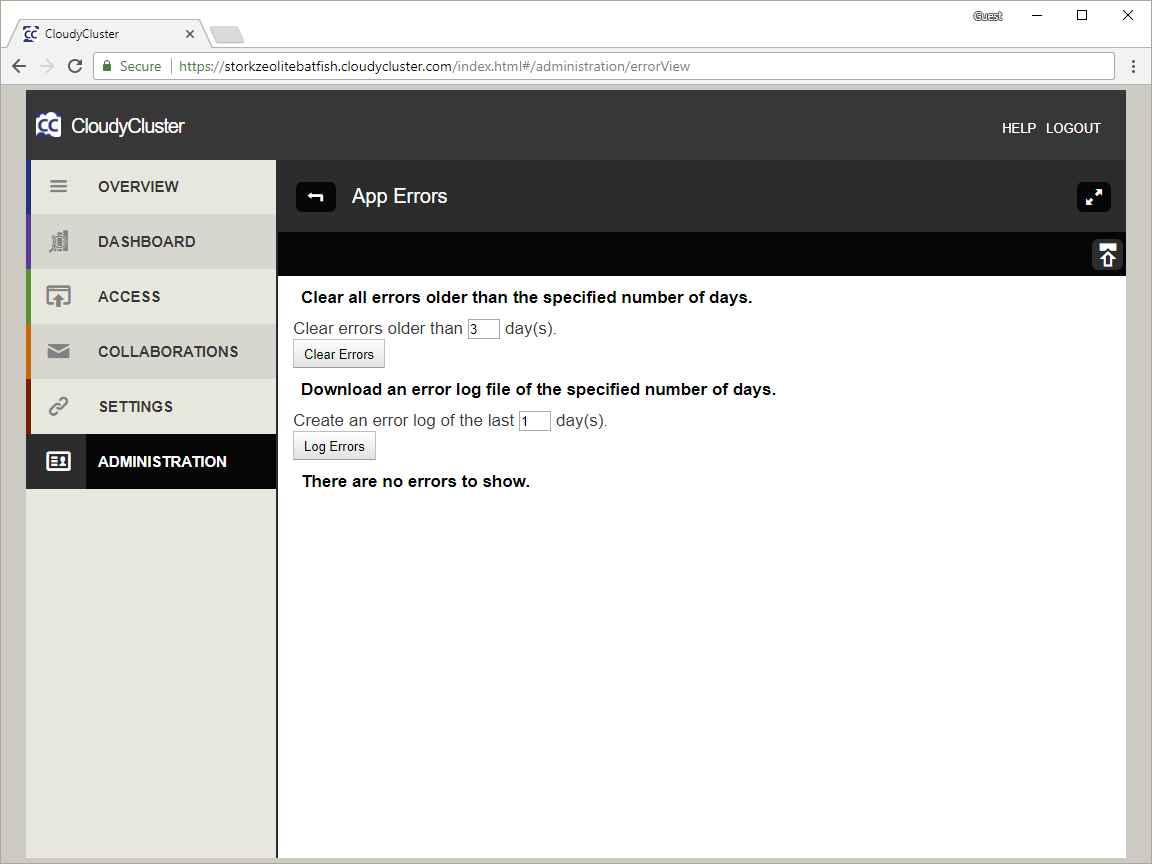 CloudyCluster Error Log Screen